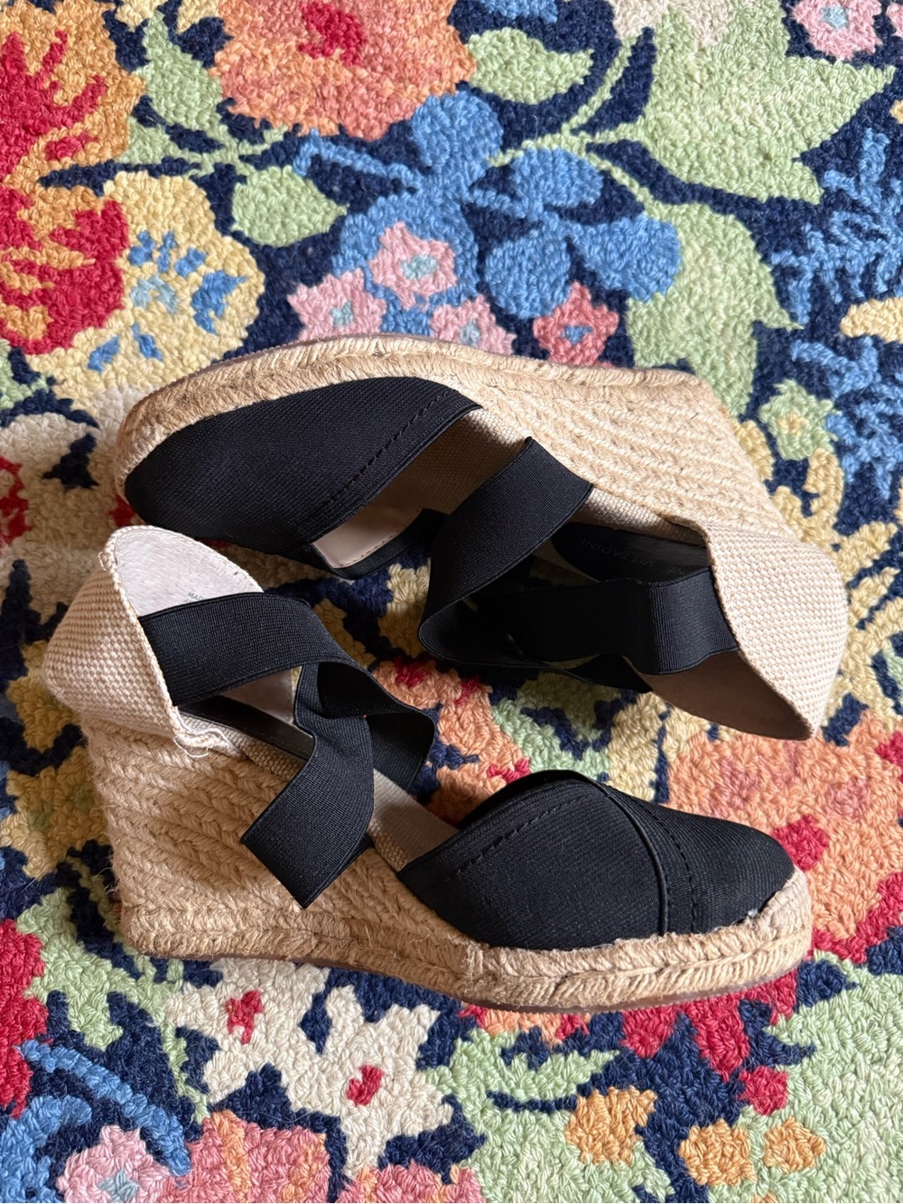 Adrienne Vittadini Black and Beige Espadrille Mary Jane Wedge Chic Business Cute